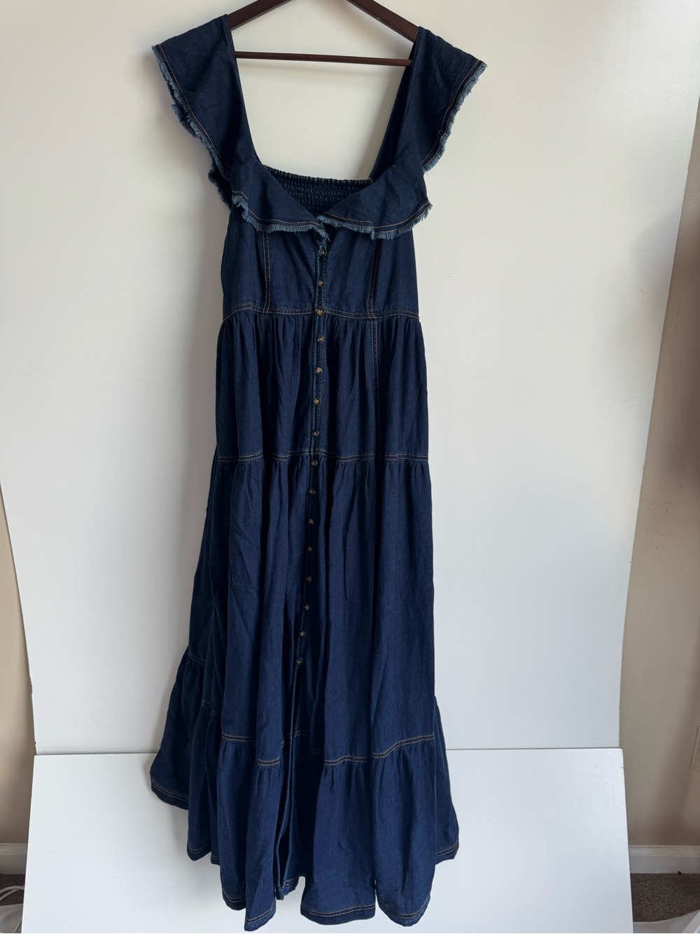 PILCRO sweetheart Flutter Sleeve Denim Button down Maxi Dress 1X tiered milkmaid - Picture 2 of 11